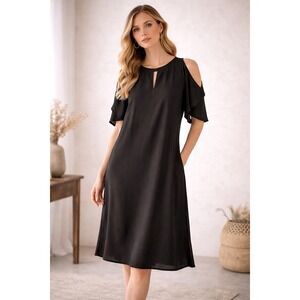 White House Black Market Black Cold Shoulder Ruffle Shift Dress Size 8 Keyhole